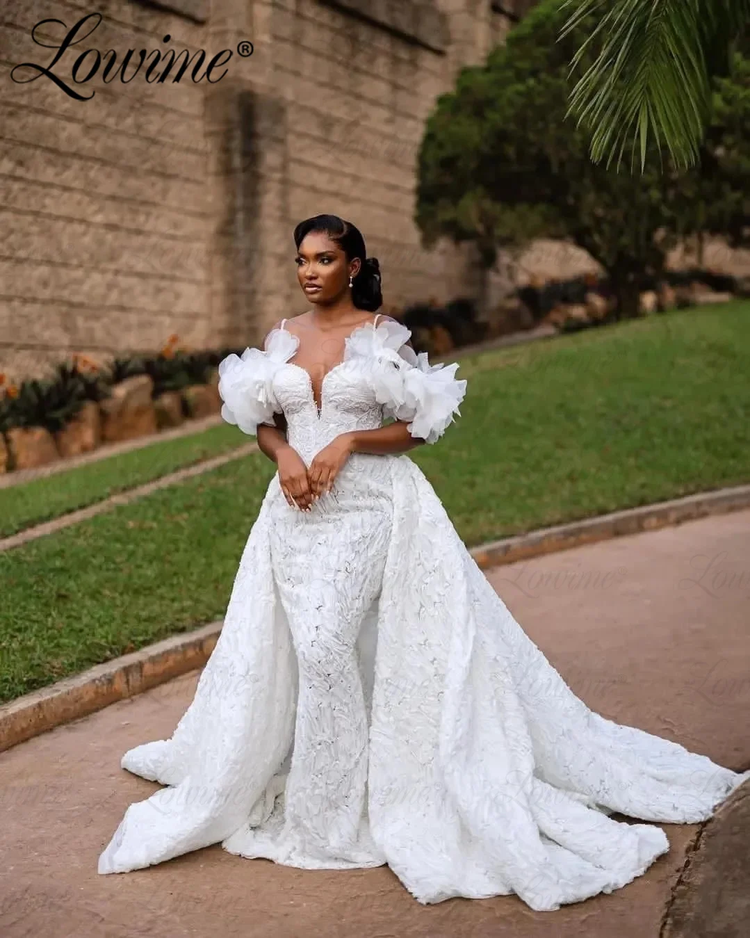 Vestidos de novia de sirena con flores blancas, lujosos vestidos de novia con cristales de alta costura, vestido de novia con tren desmontable, 2024