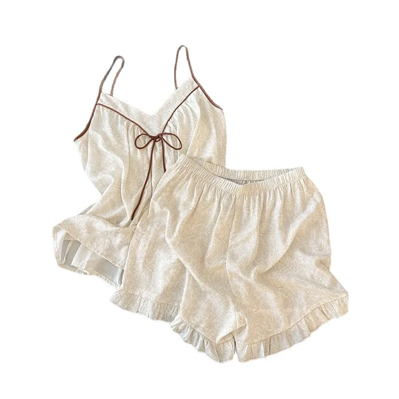 

Women Pajamas Summer Strap V-neck Night Wears Shorts Sets 2 Pieces Version Chest Cushion Sling Home Suit 2026 New