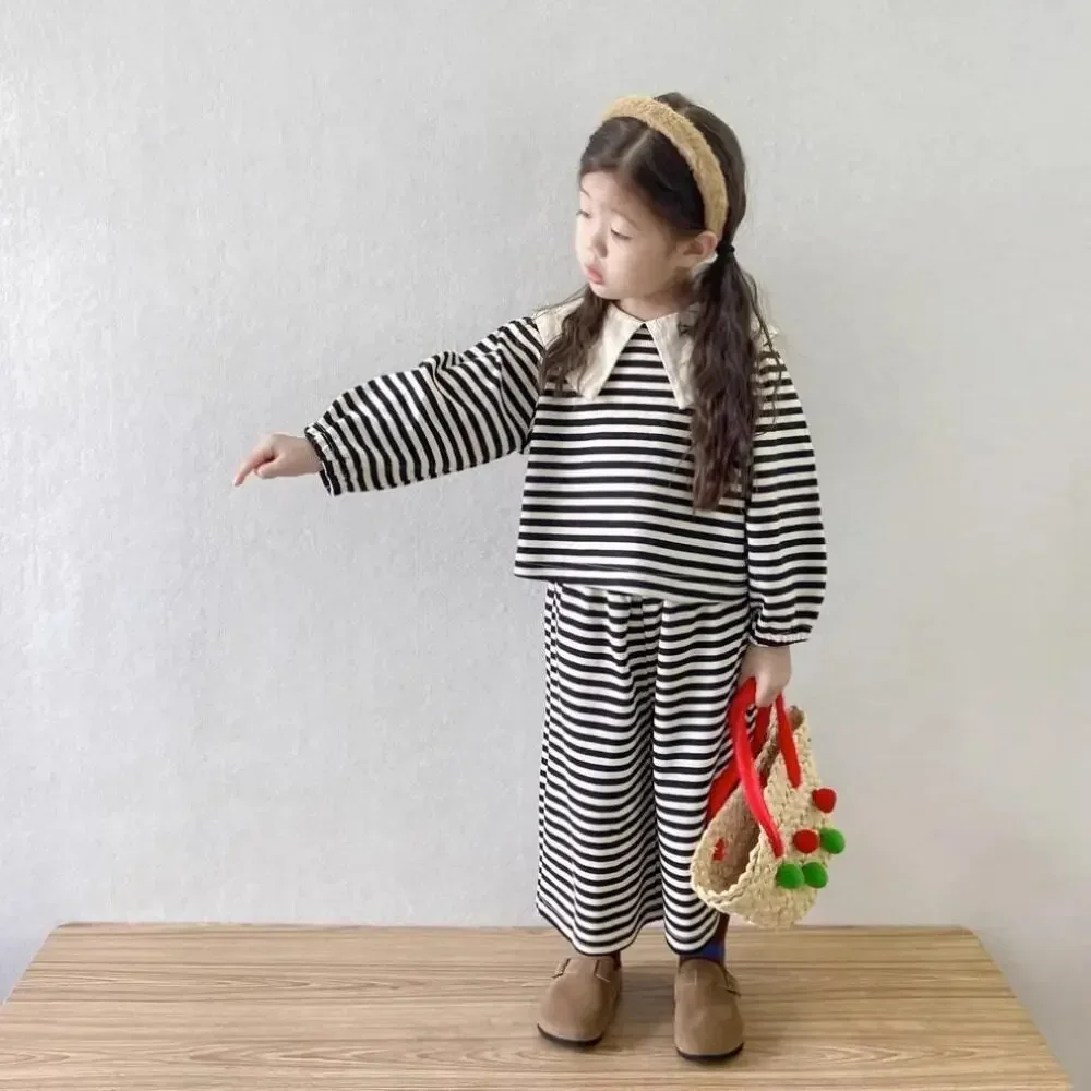 خريف جديد الحلو ولطيف التلبيب مخطط بأكمام طويلة بلوزات فستان أطفال مع سروال داخلي للفتيات الذين تتراوح أعمارهم بين 3-7 ارتداء اليومي ملابس كاجوال للأطفال #6