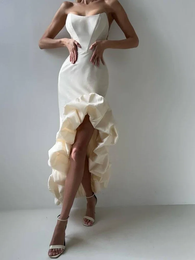 

Sexy Strapless Asymmetrical Ruffles Maxi Bandage Dresses for Women White Sleeveless Bodycon Elegant Runway Evening Party Dress