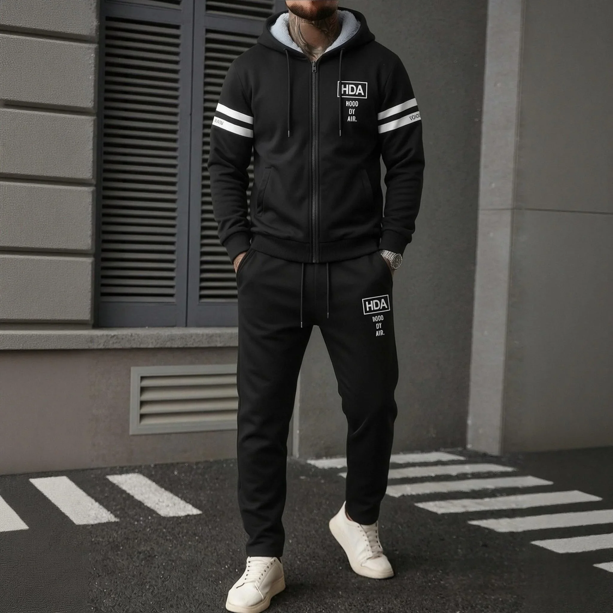 Men's Fleece Lined 2Pcs Tracksuit Autumn Winter Zip‑Up Hooded Jacket & Drawstring Sweatpants Stripe Print Warm Male Outfit Sets