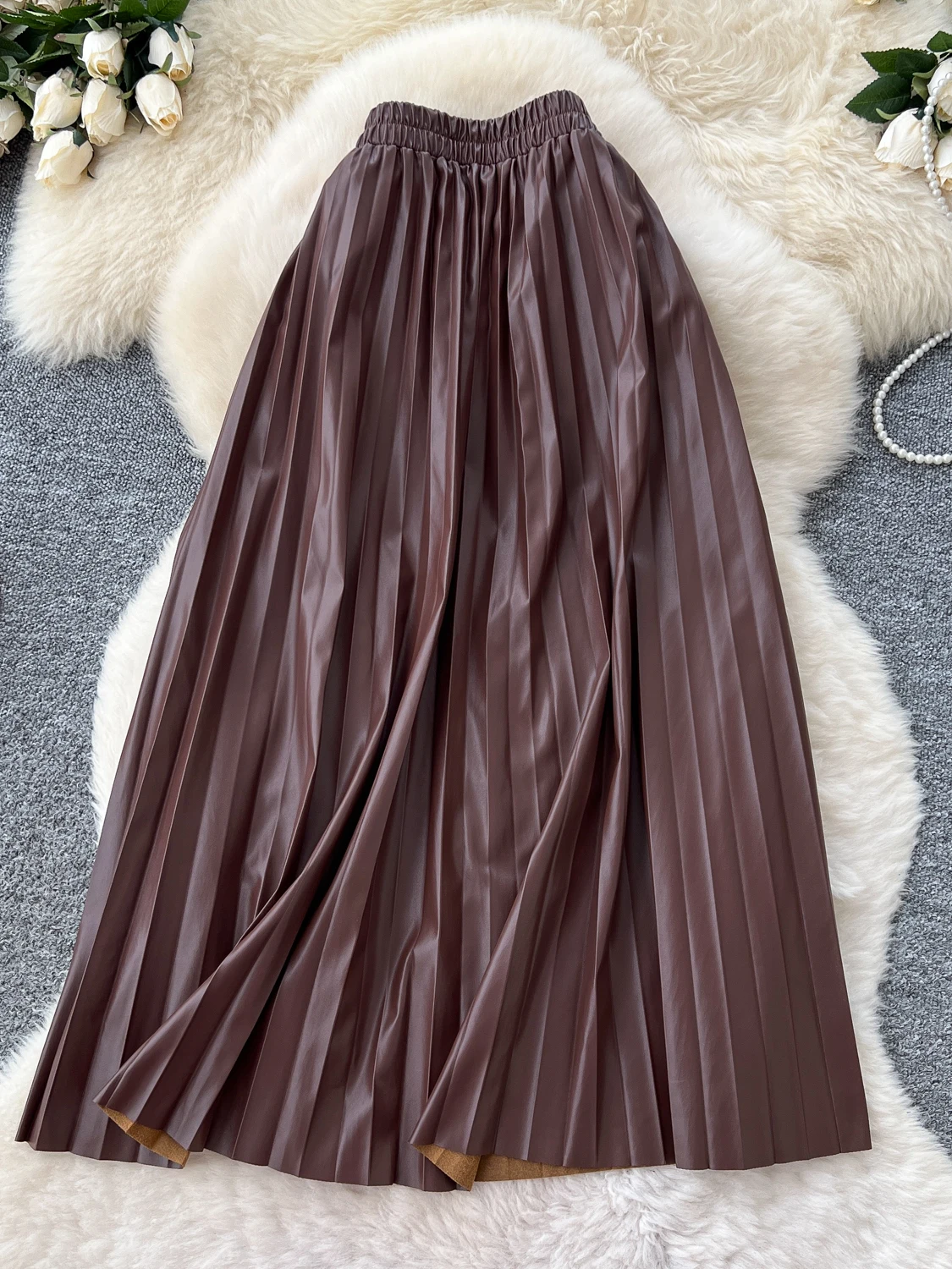 High Waist A-Line Midi Skirt Women's Leather Jaet Elastic Waist Slimming Pleated Skirts Korean Sle Ci Commute Polyester...