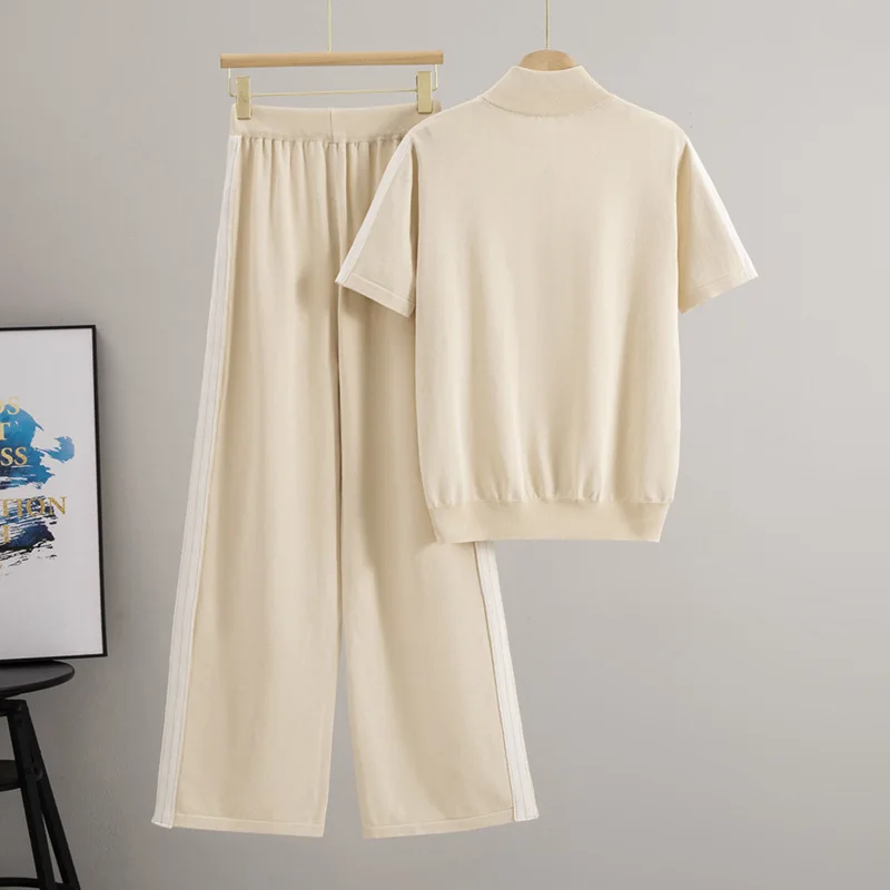 Fashion Casual Short-sleeved Knitted Sweater High Waist Lace-up Trousers Two-piece Set