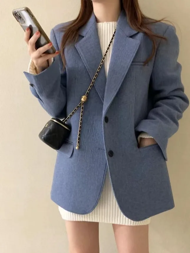 

Retro Sli Loose Fit Thiened Woolen Coat Women's High-End Feelings Suit Woolen Top Long Sve Button up Pure Color