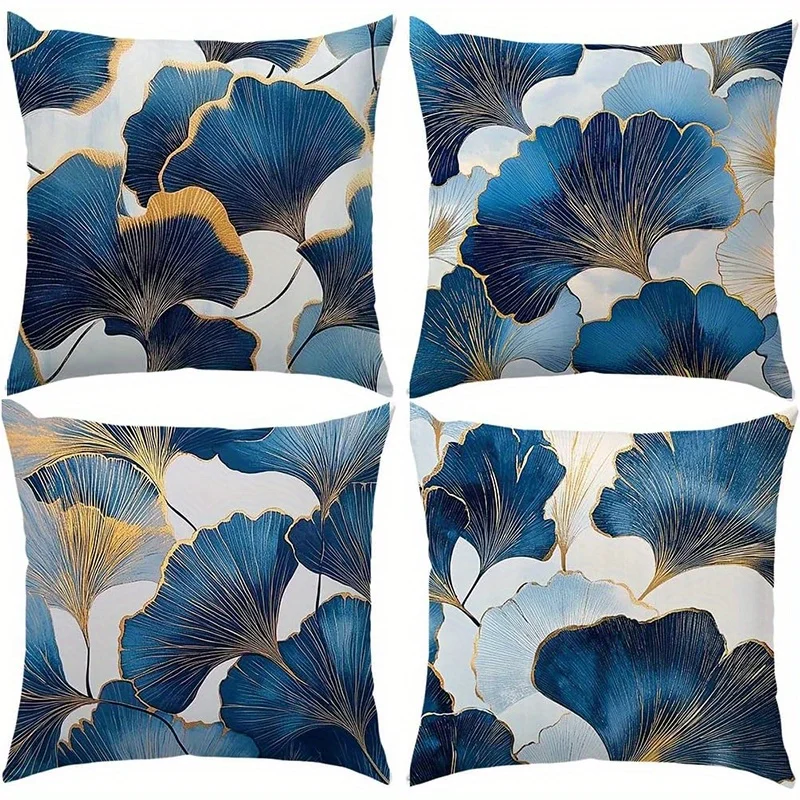 Decoración del hogar, fundas de almohada con patrón de hoja de Ginkgo azul y dorado, funda de cojín con patrón adecuada para sofá, dormitorio, funda de almohada para coche
