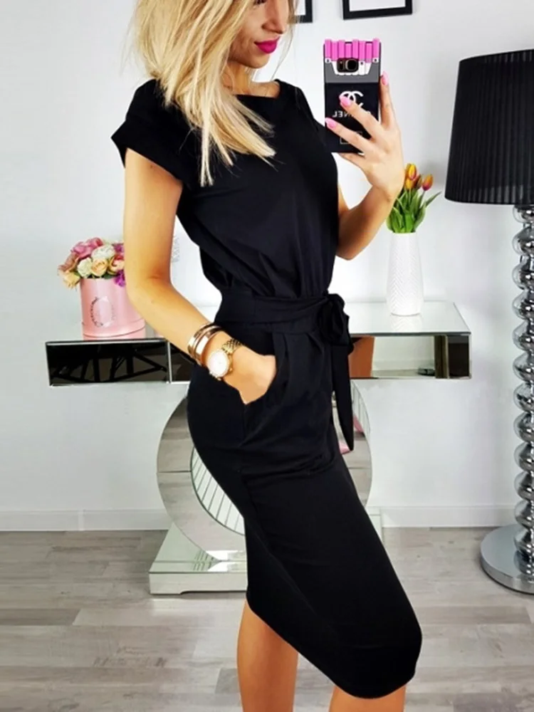 

Fashion Short Sleeeve Office Solid Dresses Women Pockets Elegant Female Casual Summer