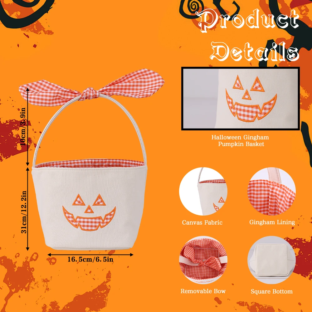 Kleiner Kürbis-Halloween-Korb aus Segeltuch, Süßigkeiten-Eimer mit Gingham-Schleifengriff für Kinder, Trick-or-Treat-Party-Dekoration – Detail 3