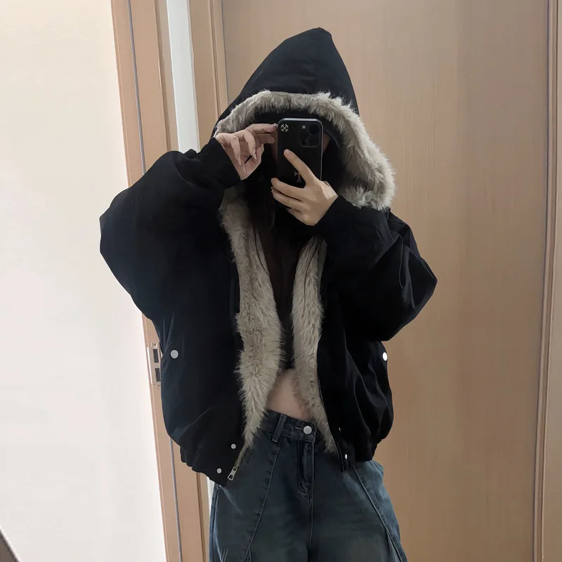 

Американское винтажное хлопковое пальто с меховым воротником и капюшоном, женская зимняя куртка, новинка 2025 года, короткая куртка с хлопковой подкладкой, женская верхняя одежда
