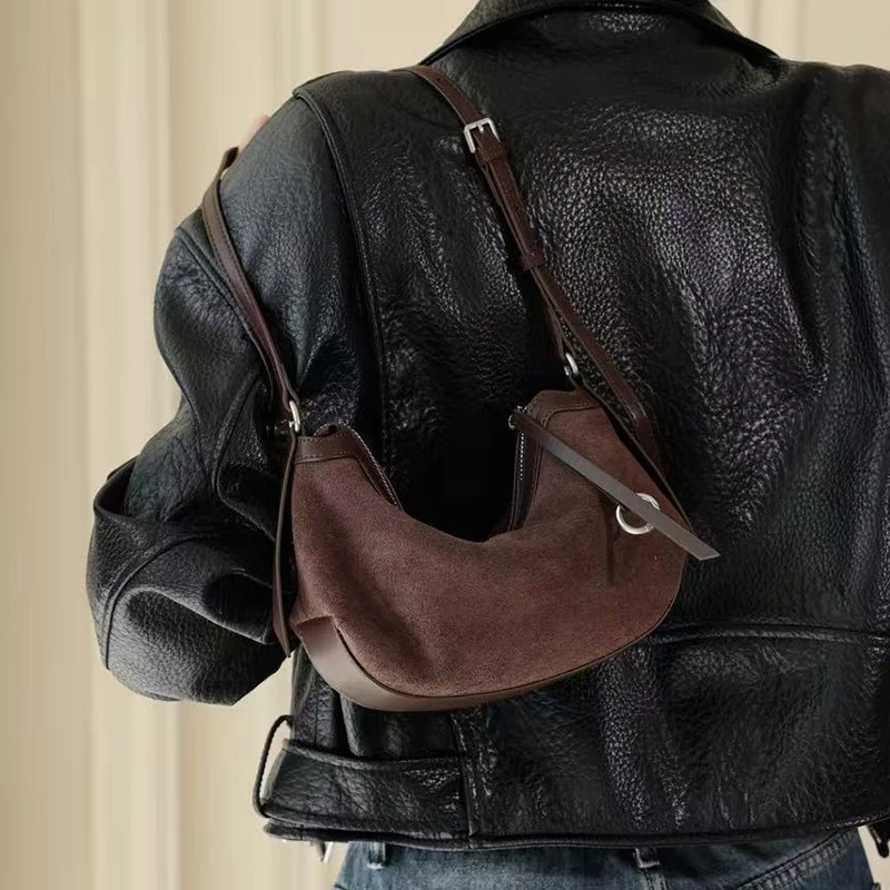 New Women's Natural Suede Leather Curved Crescent Hobo Crossbody Bag Fashion Matte Nubuck Leather Underarm Messenger Handbag