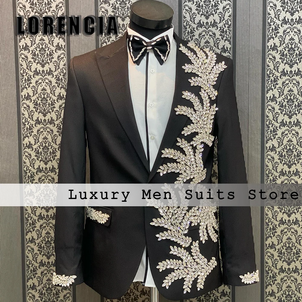 luxury Crystal Men Suits 2 Pieces Single Breasted Tuxedos Sparkly Wedding Groom Outfits Customized Blazer Pants zomerset heren