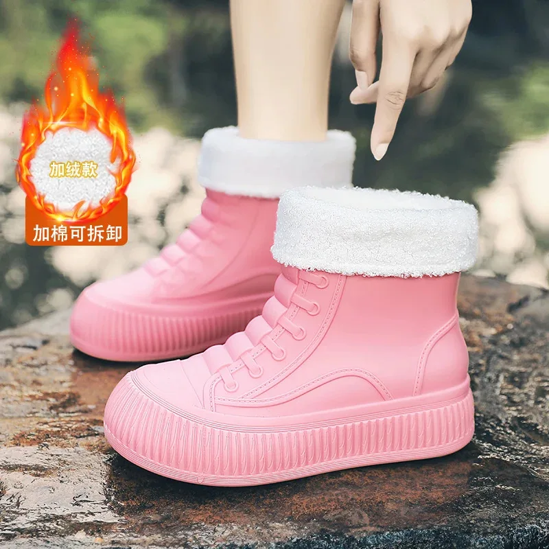 

Женские резиновые сапоги, водонепроницаемые повседневные туфли на плоской подошве до середины икры с хлопковой подкладкой для тепла, осенне-зимняя уличная обувь для женщин