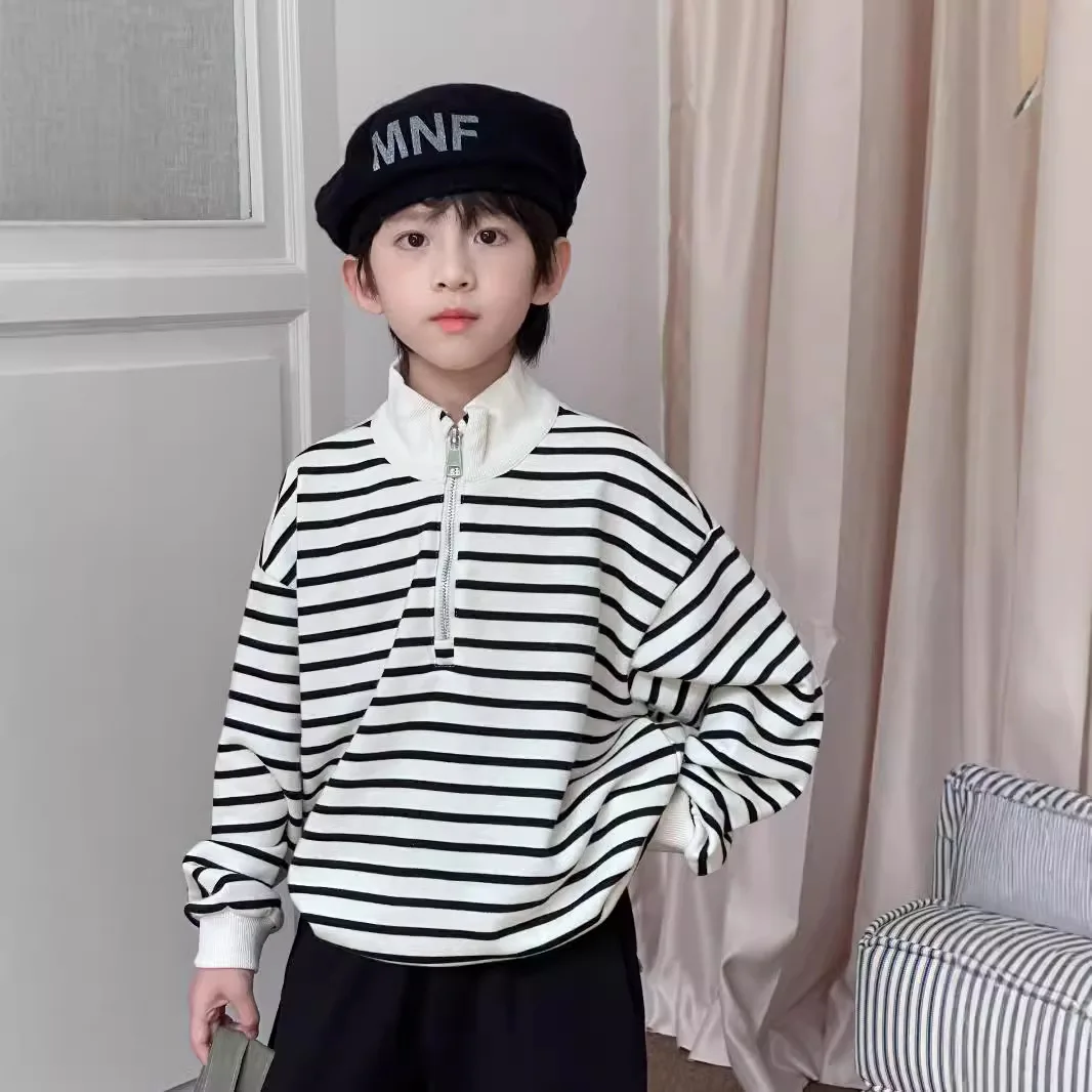 Spring Autumn 1-8Y Boys Sweatshirt Stand Collar Striped Half Zipper Kid Boys Pullover Loose Casual Cotton Toddler Baby Boys Tops