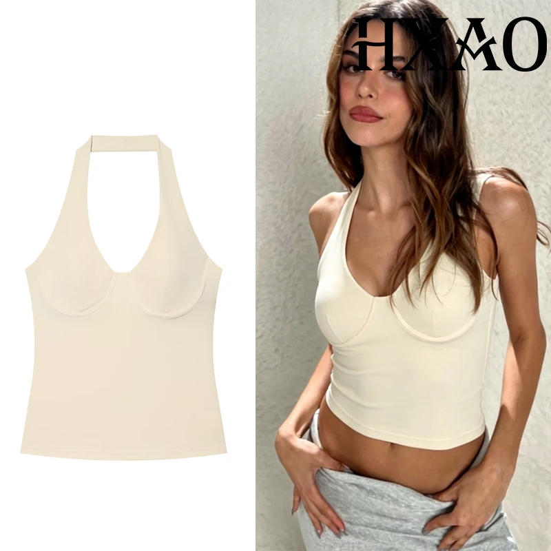 HXAO Damen Neckholder-Top Y2K Korsett Crop Top Sommer Ärmelloses Beige Schwarzes Tanktop Rückenfreies Sexy Camisole Party-Oberteil