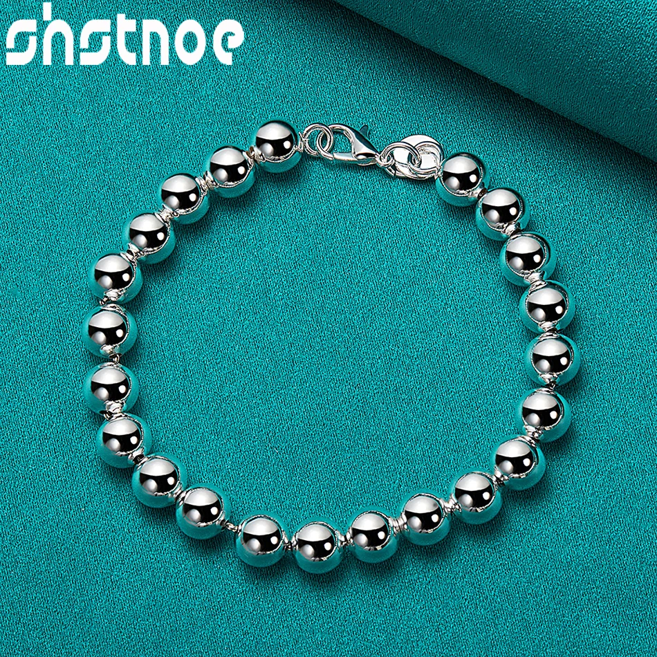 Neue 925 Sterling Silber Charm glatt 8mm Perlenkette Armband Ohrring Serie Schmuck Sets für Frau Braut Hochzeit Accessoires