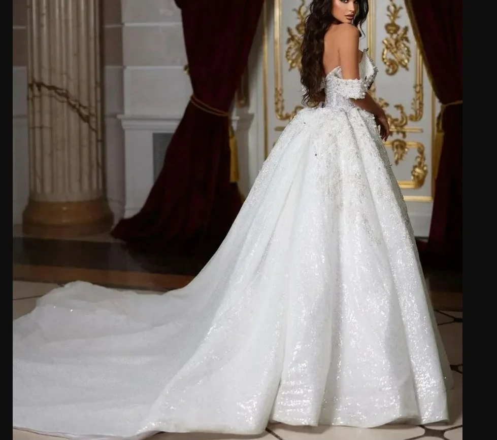 Customized Off the Shoulder Spark Beads Sequin Wedding Dress with Detachable Train Vestidos De Novia Arabic Country Bridal Gown