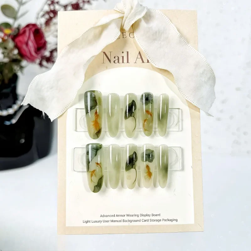 10Pcs Oriental-Themed Press-On Nails with Lotus Leaf,Koi Fish,Bamboo Patterns Crescent Moon Designs Nail Tips for Women&Girls - Image 4
