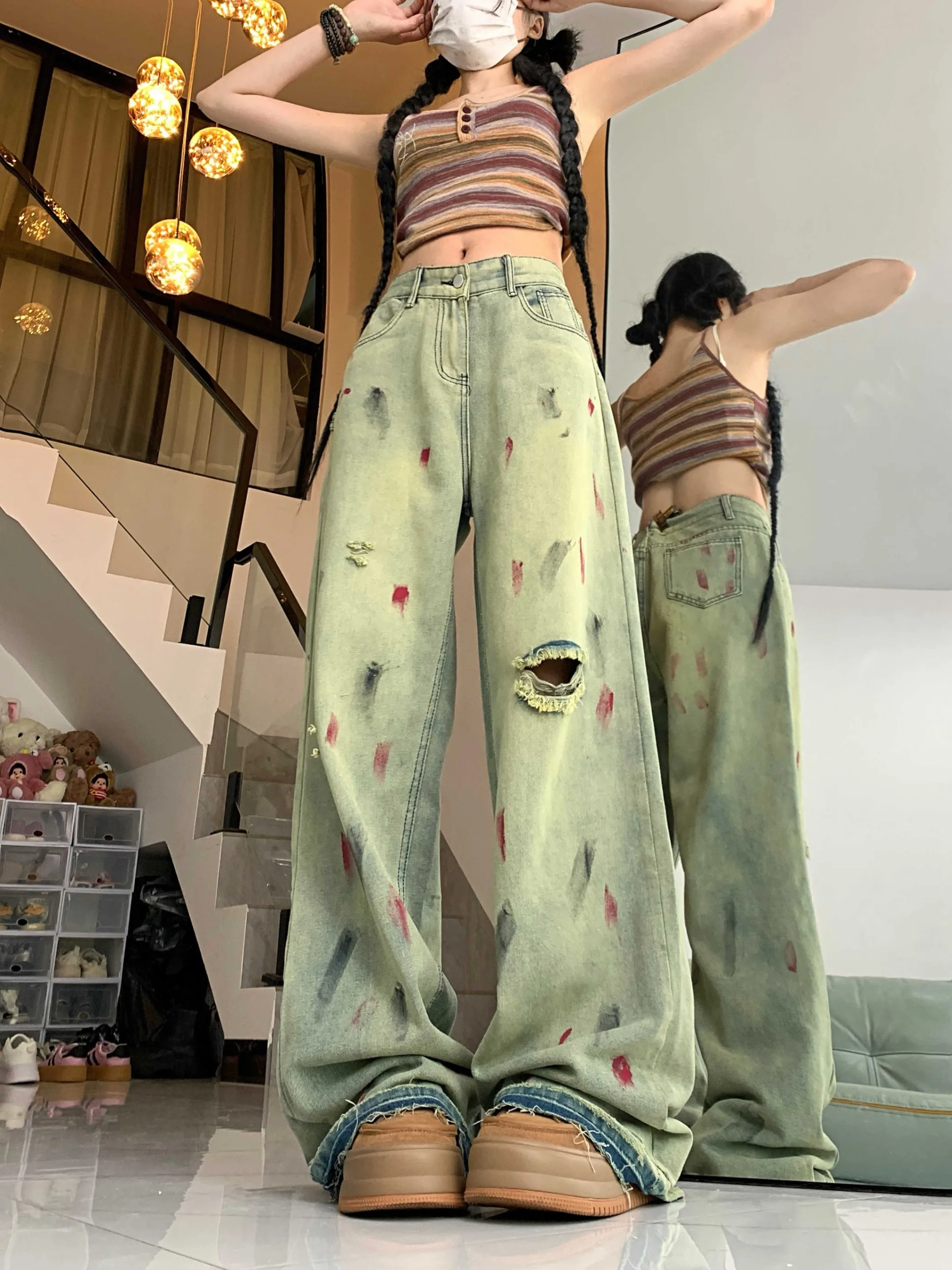 Vintage Painted Hole Jeans Women Y2K Streetwear Gothic Denim Pants  Harajuku Aesthetic Streetwear Japanese 2000s Denim pants