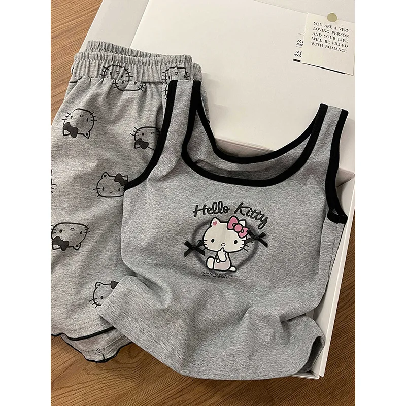 Anime Sanrios Hello Kittys Casual Pajamas Suit Sleeveless Pad Tops Shorts 2 Piece Set Girl Bowknots Gray Sleepwear Women Clothes