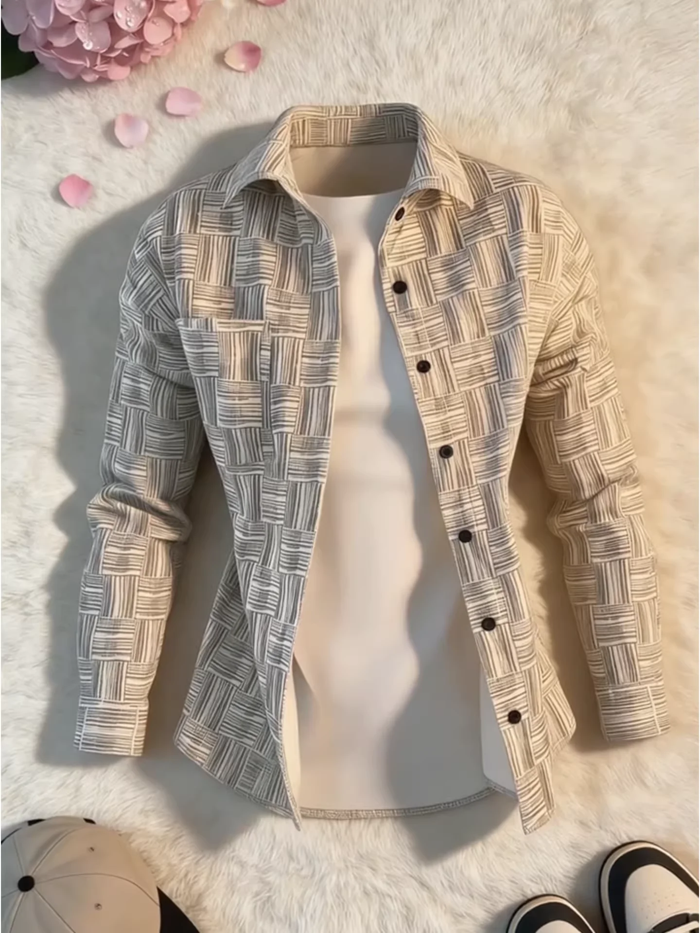 

Light Khaki Tie Dye Plaid Long Sleeve Men's Shirt Spring Summer Thin Casual Outerwear Vintage Style Loose Fit Button up