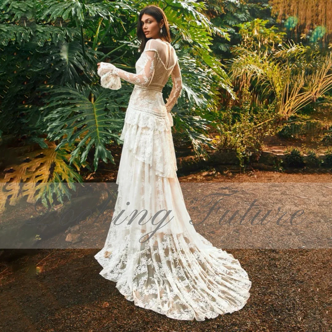 Morden renda puff manga cheia botão o pescoço vestidos longos de casamento boho em camadas plissado bordado vestidos de noiva manga cheia personalizado