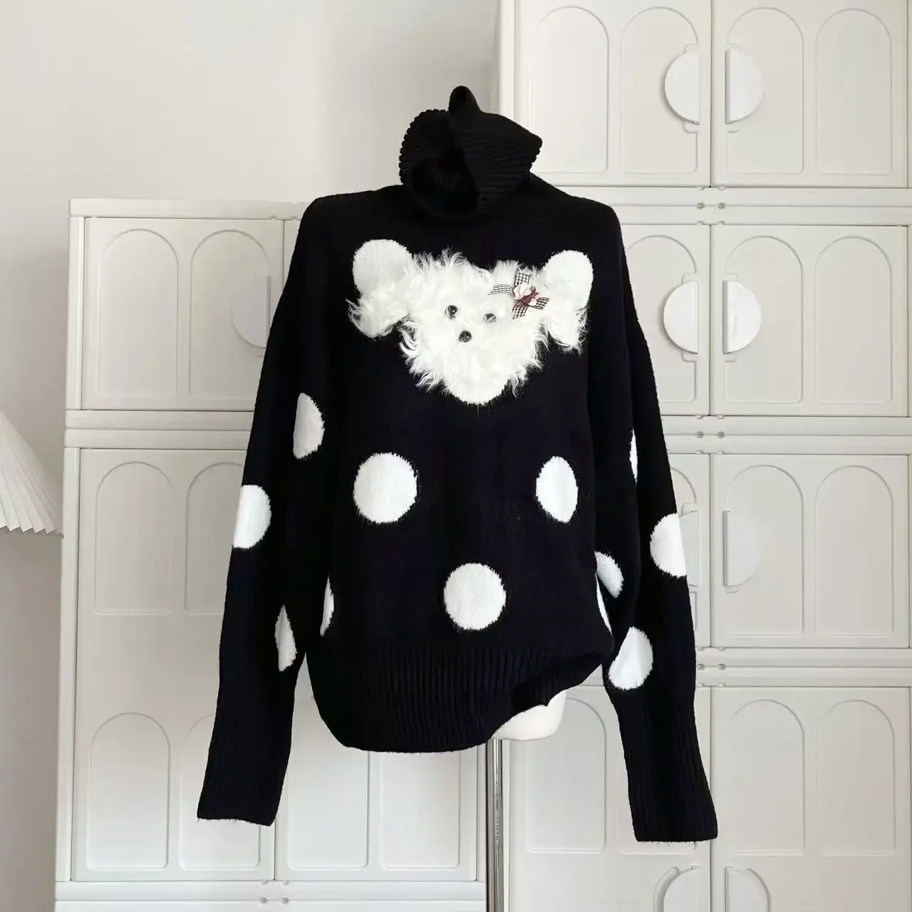 Women's Polka Dot Puppy Turtleneck Long-sleeved Pullovers Sweaters Autumn and Winter Korean Style Loose Warm Versatile Knitwear