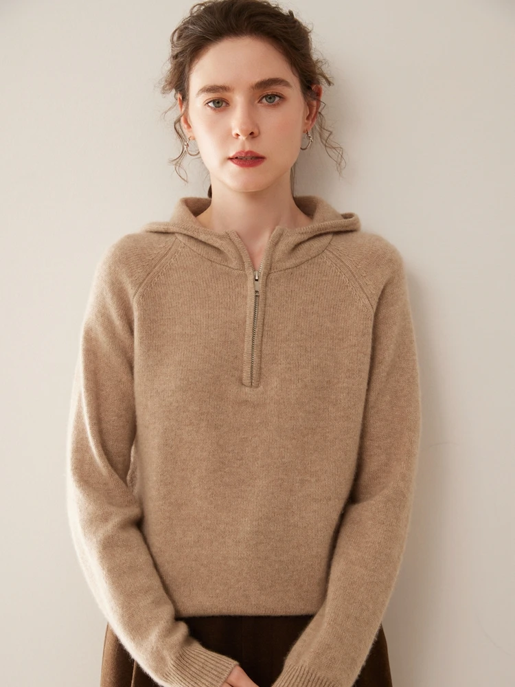 

100% кашемировая женская толстовка с половиной молнии и рукавами реглан, повседневный модный утолщенный теплый вязаный пуловер, свитер с капюшоном