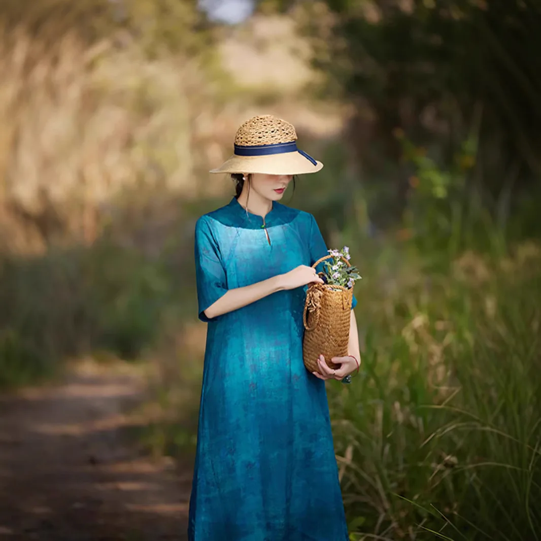 

Ramie dress age-reducing five-quarter sleeve stand-up collar buckle improved cheongsam fashion casual versatile simple temperame