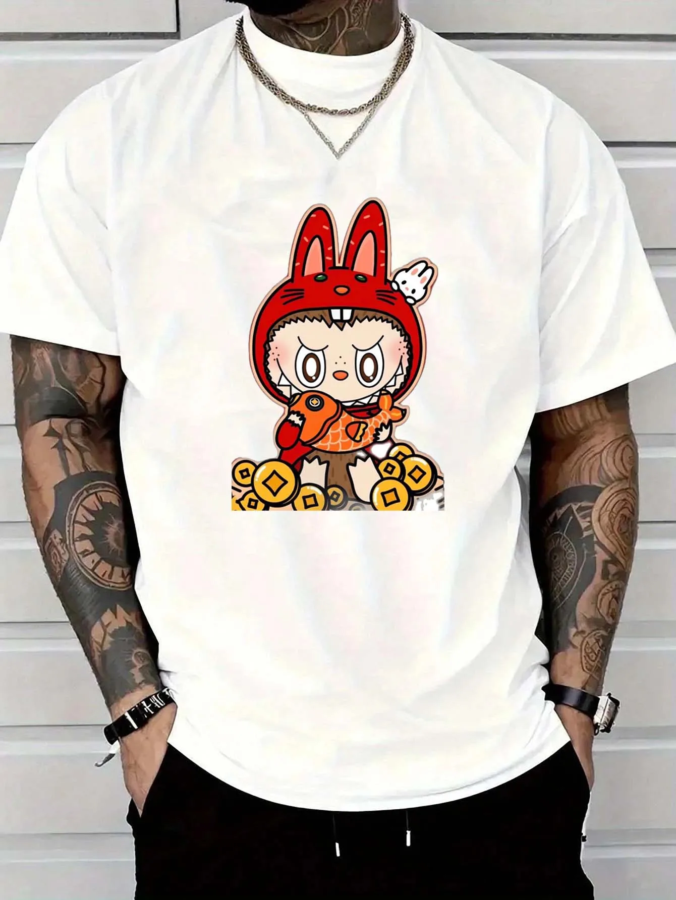 “Bulala Lucky Bunny: Red - hooded, koi - holding, coin - surrounded—prosperous design for Bulala T - shirts.”