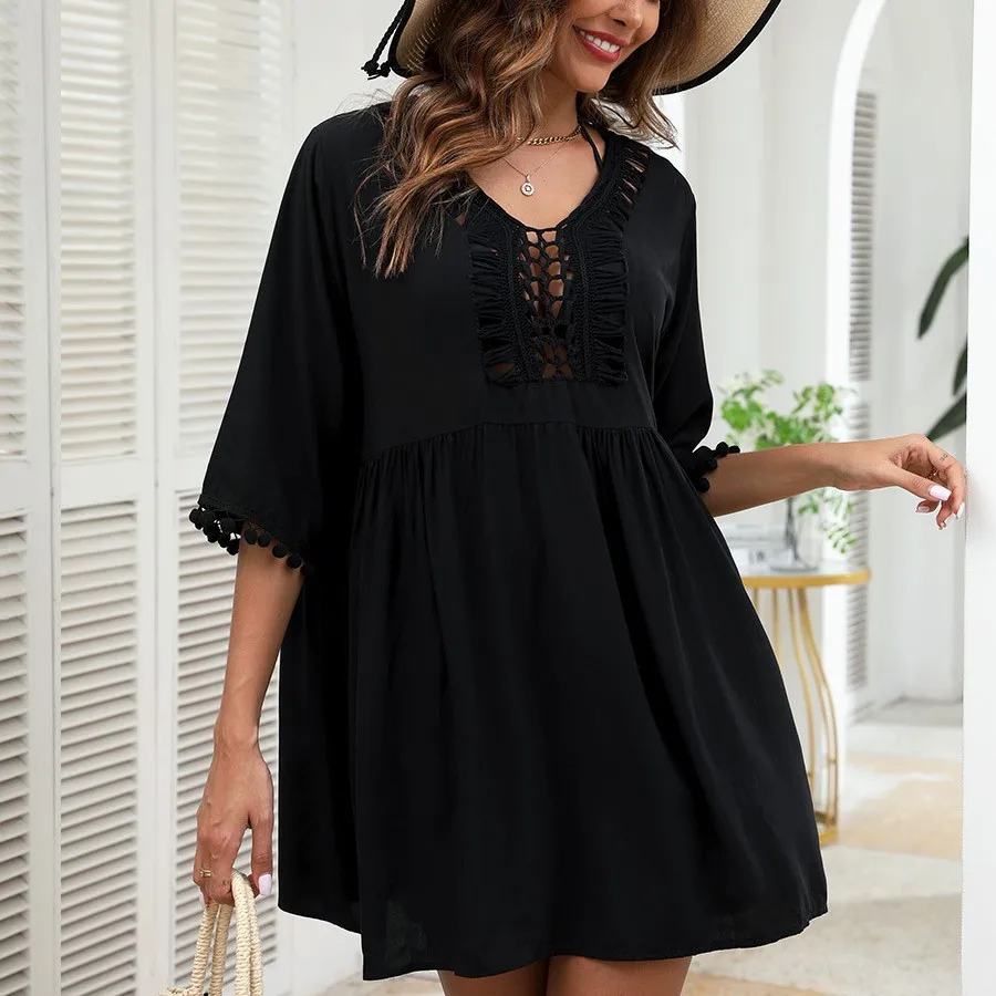 

Fashion Hollow Lace Half-sleeved Dress Women Summer Elegant V-neck Mini Lace-up Dress For Women 2025