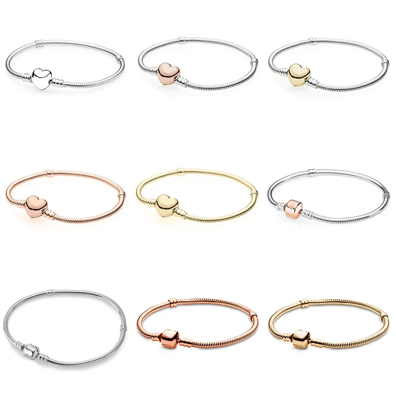 

925 Sterling Silver Bracelets Charms Love Heart Moments Round Pavé Snake Chain Basic Bracelets For Women Diy Jewelry Gift