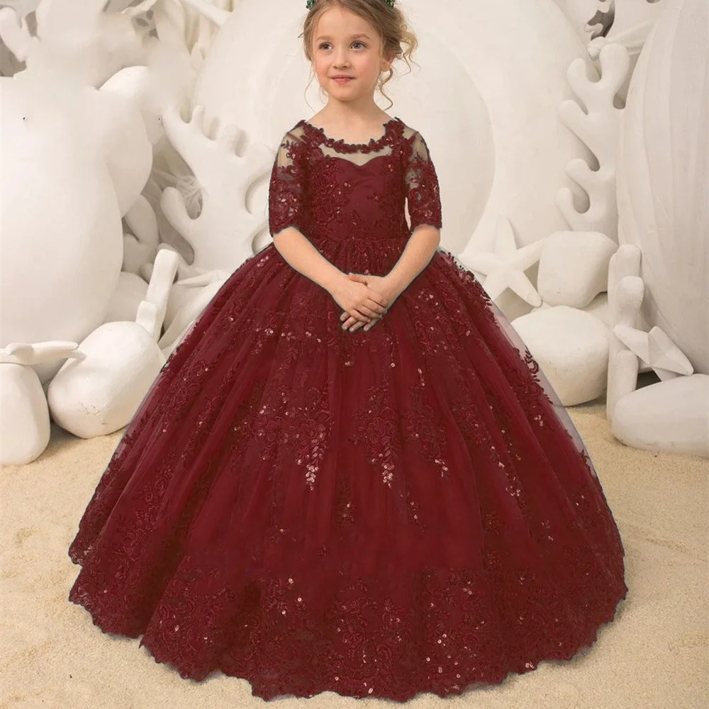 

Flower Girl Dress Tulle Lace Long Half Sleeve Sequin Bow Belt Child for Wedding Birthday First Communion Gown