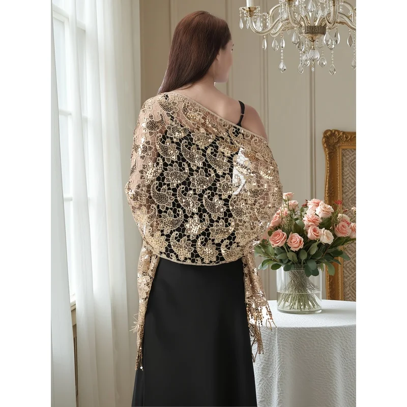 Plus Size, Spring/Summer Luxury Fully Handmade Paisley Sequin Patchwork Women's Gown Dress Shawl for Parties and Banquets