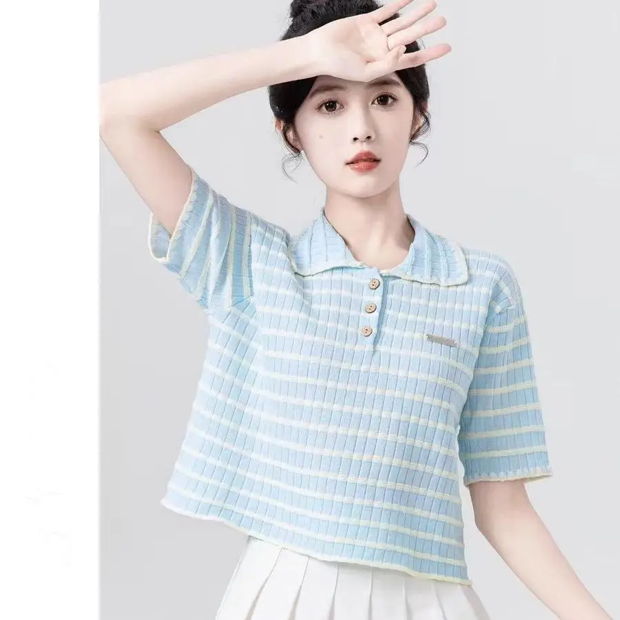 

Korean Striped Short Sleeve T-Shirts Summer Print Women'S Fashion Loose Sweet Basics Turn Down Collar Tees Tops Casual