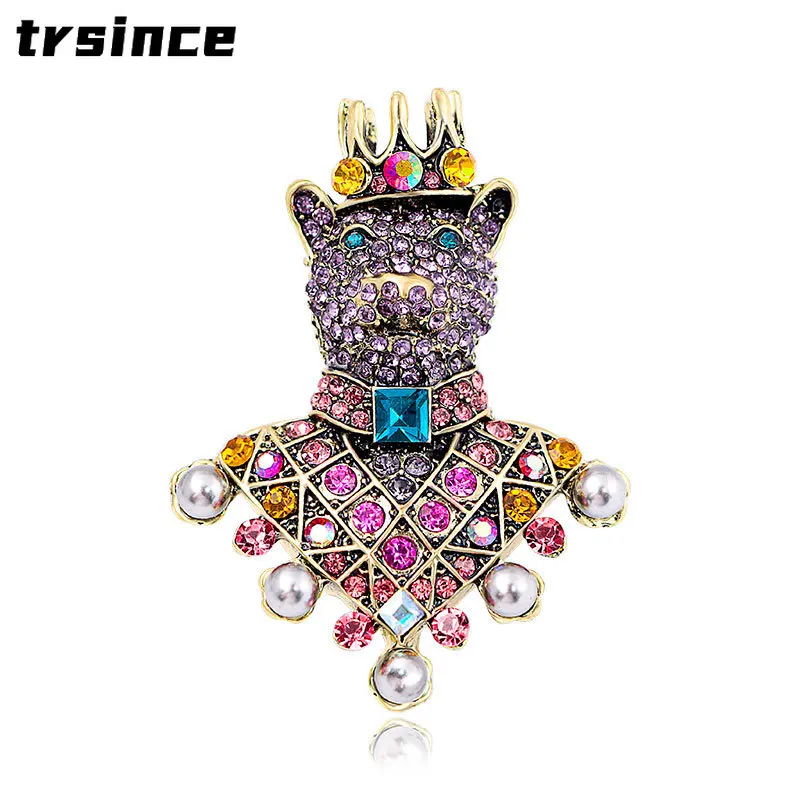 Antico Vintage pieno strass corte barocca di lusso tigre spille perla animale re corona spilla Pin gioielli corpetto creativo