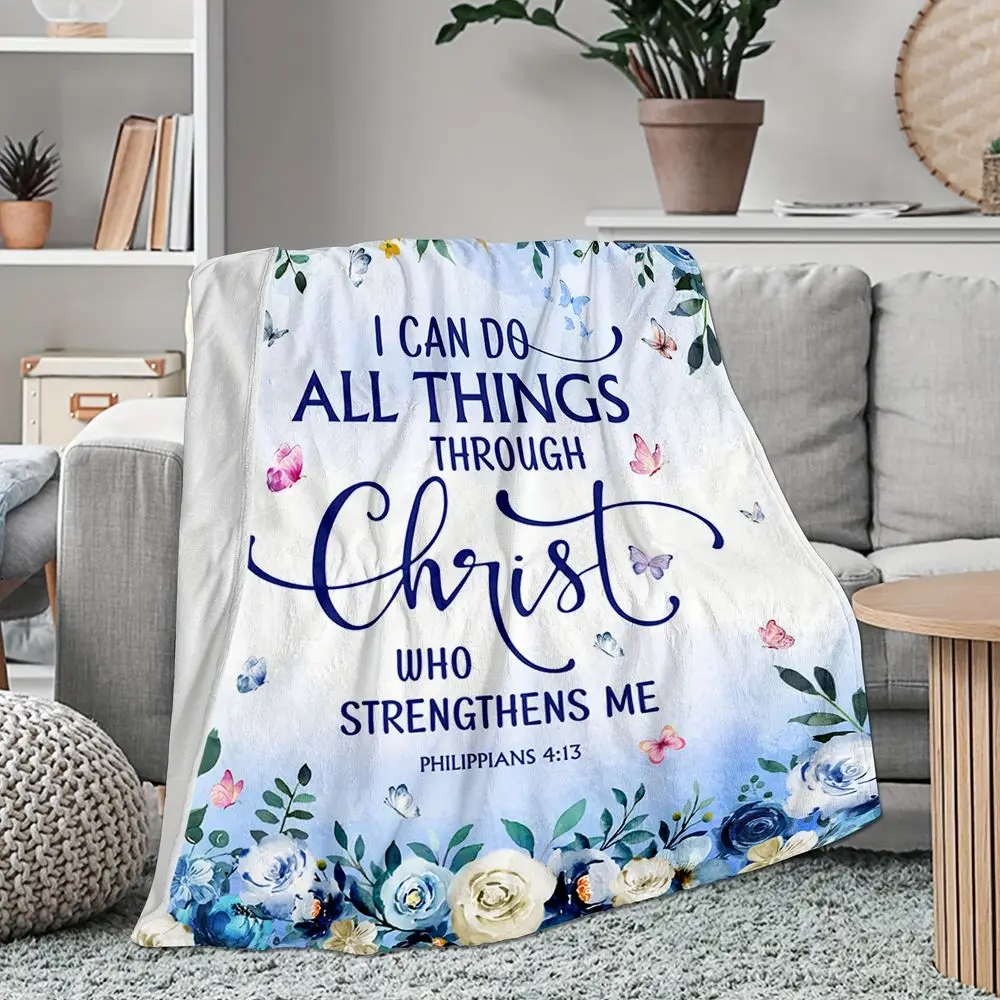 Philippians 4:13 Christian Flannel Throw Blanket, I Can Do All Things Through Christ Blue Floral Butterfly Bible Design, Soft Lightweight Cozy Bedding Cover for Sofa Couch Bed Bedroom Living Room, Prayer Blanket, Faith Prayer Home Decor, Religious Gift