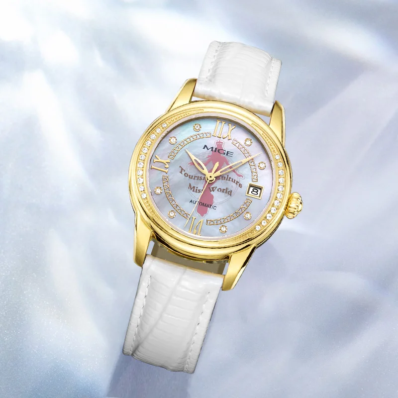 MIGE Elegant Ladies Mechanical Watch White Leather Band Mother of Pearl Dial Diamond Bezel Automatic Wrist Watch