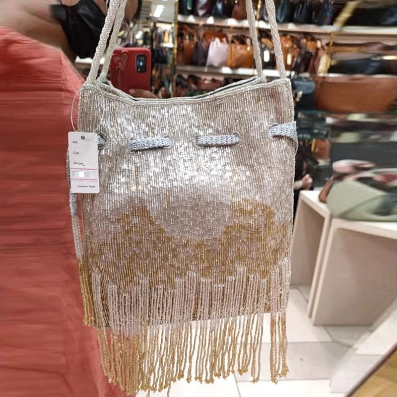 DOYUTIG Brand Women\'s Long Tassels Beaded Handbag Indian\'s Retro Handmade String Totes Lady Embroidery Bead Crossbody Bag N019
