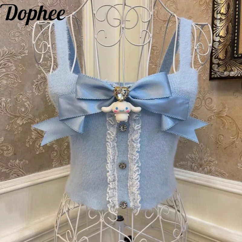 Dophee Original Sweet Girls Mohair Sweater Vests Cute Love Diamond Bow High Waist Crop Top Exposing Navel Knitted Tanks Camis