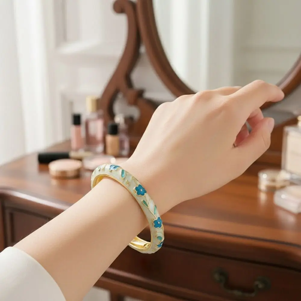 Zinc Alloy Cloisonne Bracelet Flower Pattern Rustic Style Blossom Enamel Bracelet Vintage Drip Oil Process Women Bangle Student
