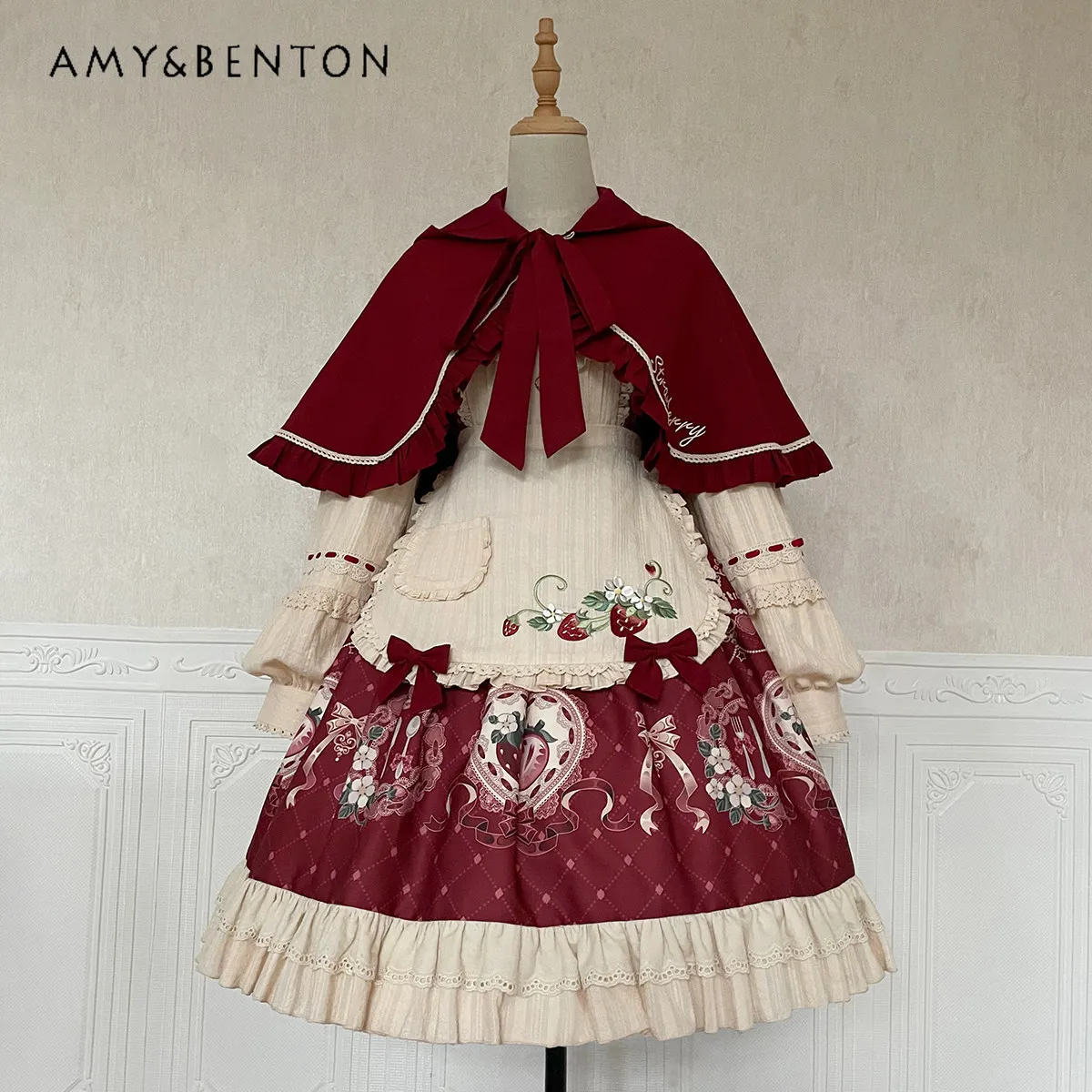 

Оригинальное платье Strawberry Lolita Girl Sweet OP с длинными рукавами, комплекты с милым принтом и бантом, кукольный воротник, тонкое платье средней длины, фартук, накидка, пальто