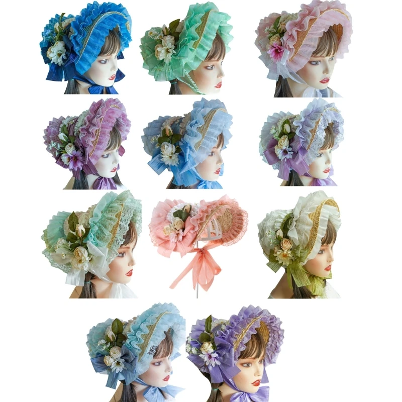 Handmade SunHat Lace Decorated Courtly Style Tea Party for Lolita Women Court Miss Straw Hat SunHat with Ribbon