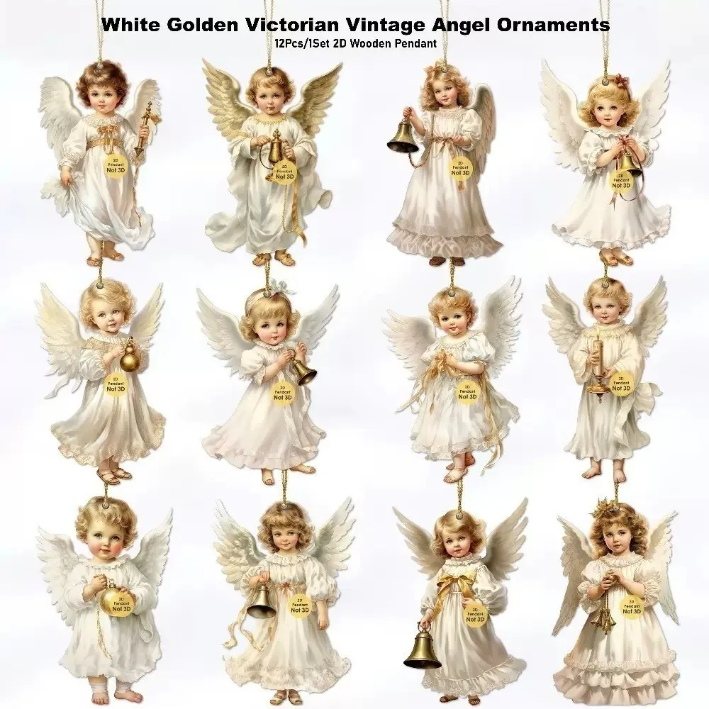 12-teiliges neues handgefertigtes Victoria-Engel-Ornament-Set, 2D-flacher Weihnachtsbaum-Anhänger aus Holz, traditionelles Design, DIY-Weihnachtsdekorationen – Detail 8