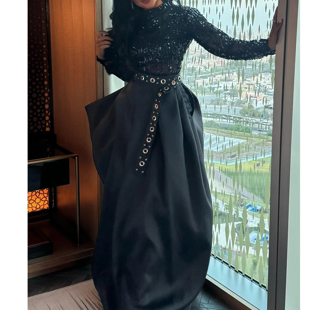 

Temperament Satin Straight Sequined and Sashes Evening Dress O-neck Long Sleeves Floor Length Black Panel Train Prom Gowns