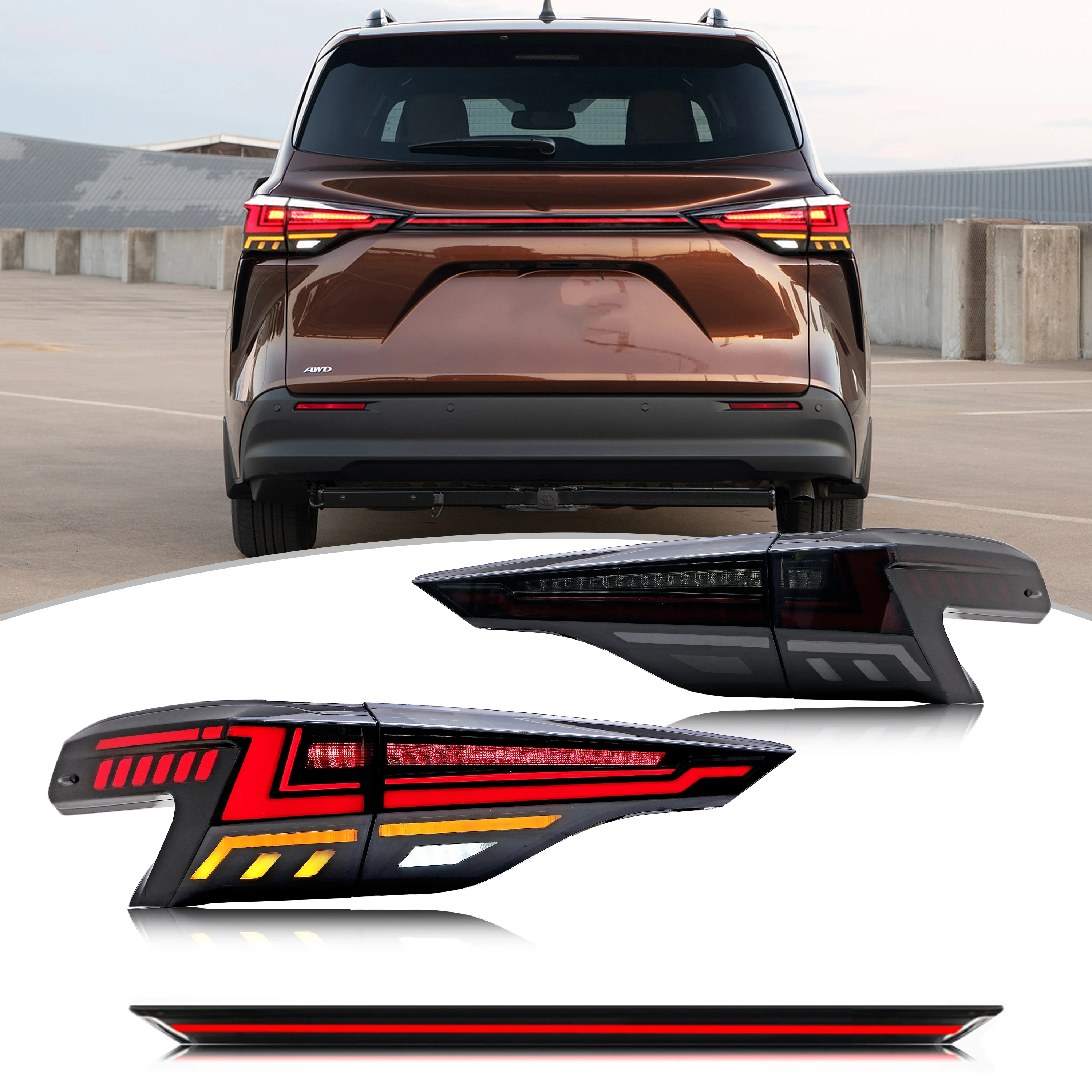 

Светодиодные задние фонари в сборе для Toyota Sienna 2020-2026, последовательный поворотник, динамическая анимация, черные задние фонари со средней лампой