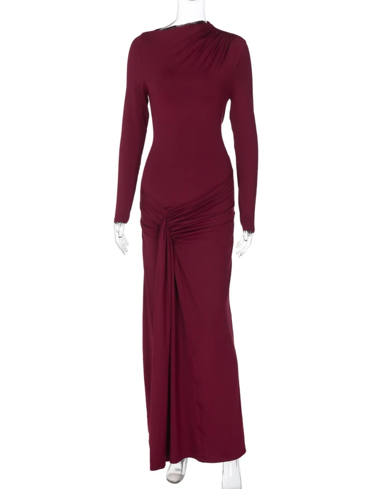 Fdyoui moda manga longa túnicas de cintura alta magro camiseta vestido feminino 2025 outono o-pescoço túnicas ruched sólido longo vestidos de escritório