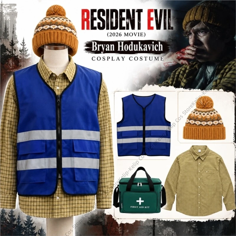 Bryan Cosplay Costume  Movie Resident  Yellow Plaid Shirt Beanie Hat Vest Outfit Halloween Carnival Comic Con Role Play