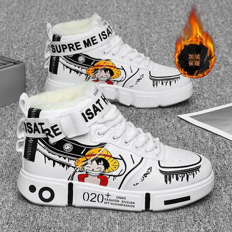 Anime cartoon high-top shoes for boys winter plus velvet cotton shoes One Piece Air Force One youth sports sneakers holiday gift