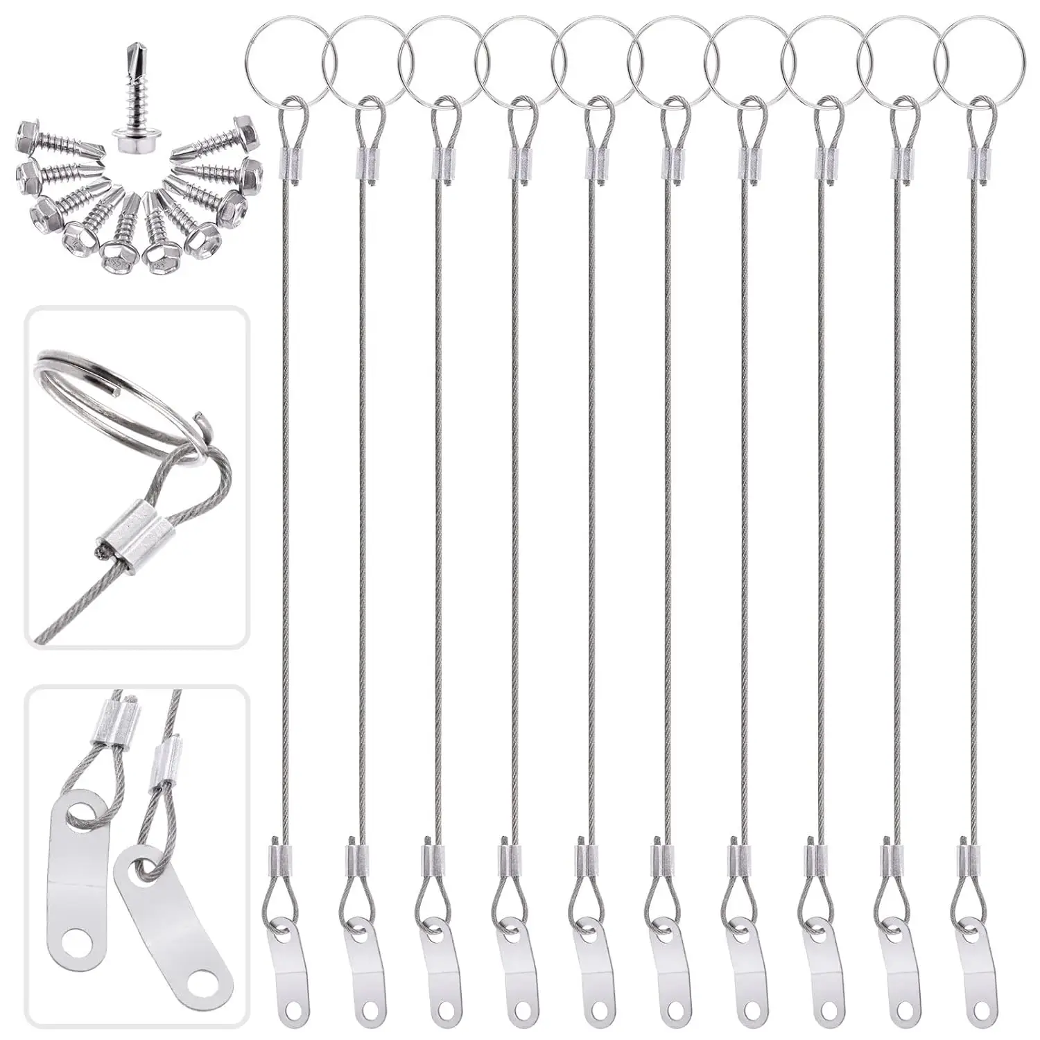 

20Pcs 11in Lanyard Cable Set with Safety Tether Wire, Quick Release Ring, Rubber Coating & Self Drilling Screws for Car Boat Fastener