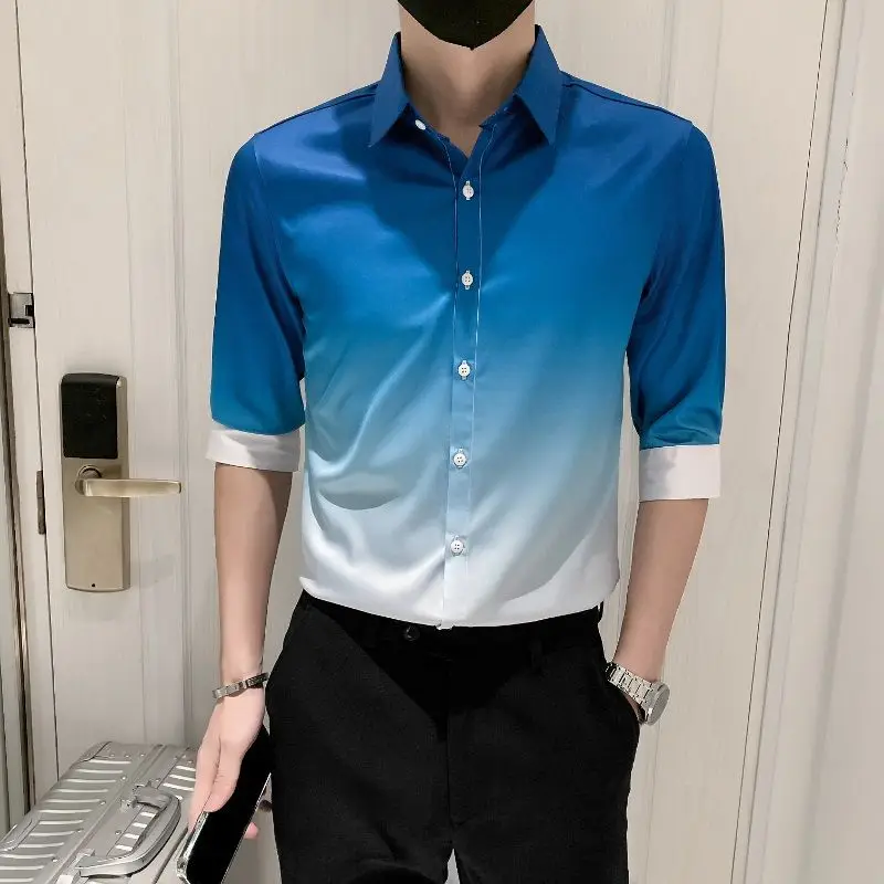 Summer New Turn-down Collar Fashion Half Sleeve Shirt Man High Street Casual Slim Button Cardigan Gradient All-match Y2K Tops