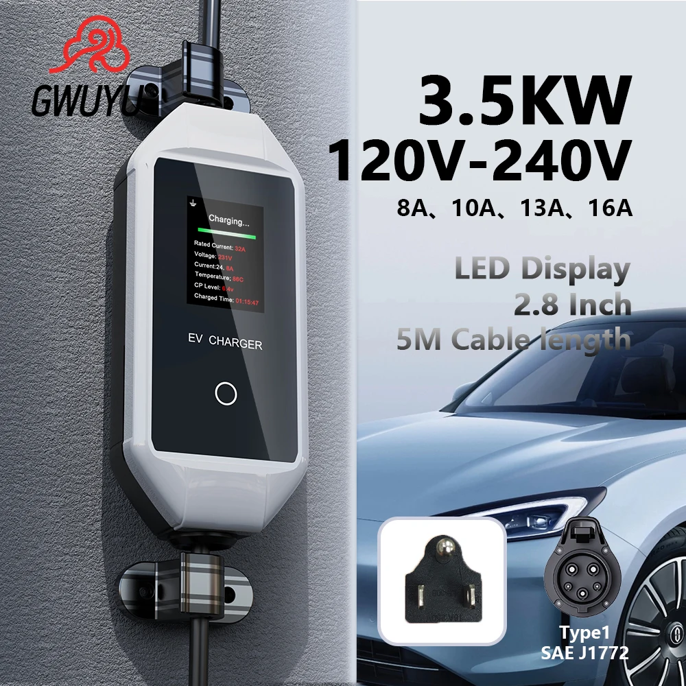 GWUYU M64-1 EVSE Car Portable Chargers 7.6KW 32A 240V Type 1 Sae J1772 Current Adjustable 5M Charging Cable Controller Wall Box